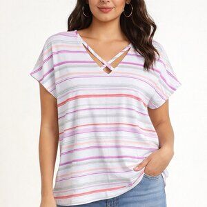 Chico's Zenergy Short Sleeve Striped T-Shirt Top Multicolor V-Neck Size 2 Large